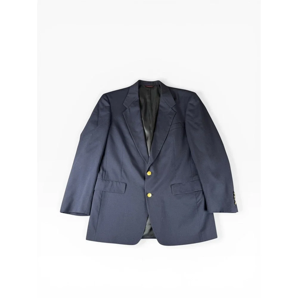 Hart Schaffner Marx Mens 40L Navy Blue Wool Blazer Gold Buttons Micron‎ 2000